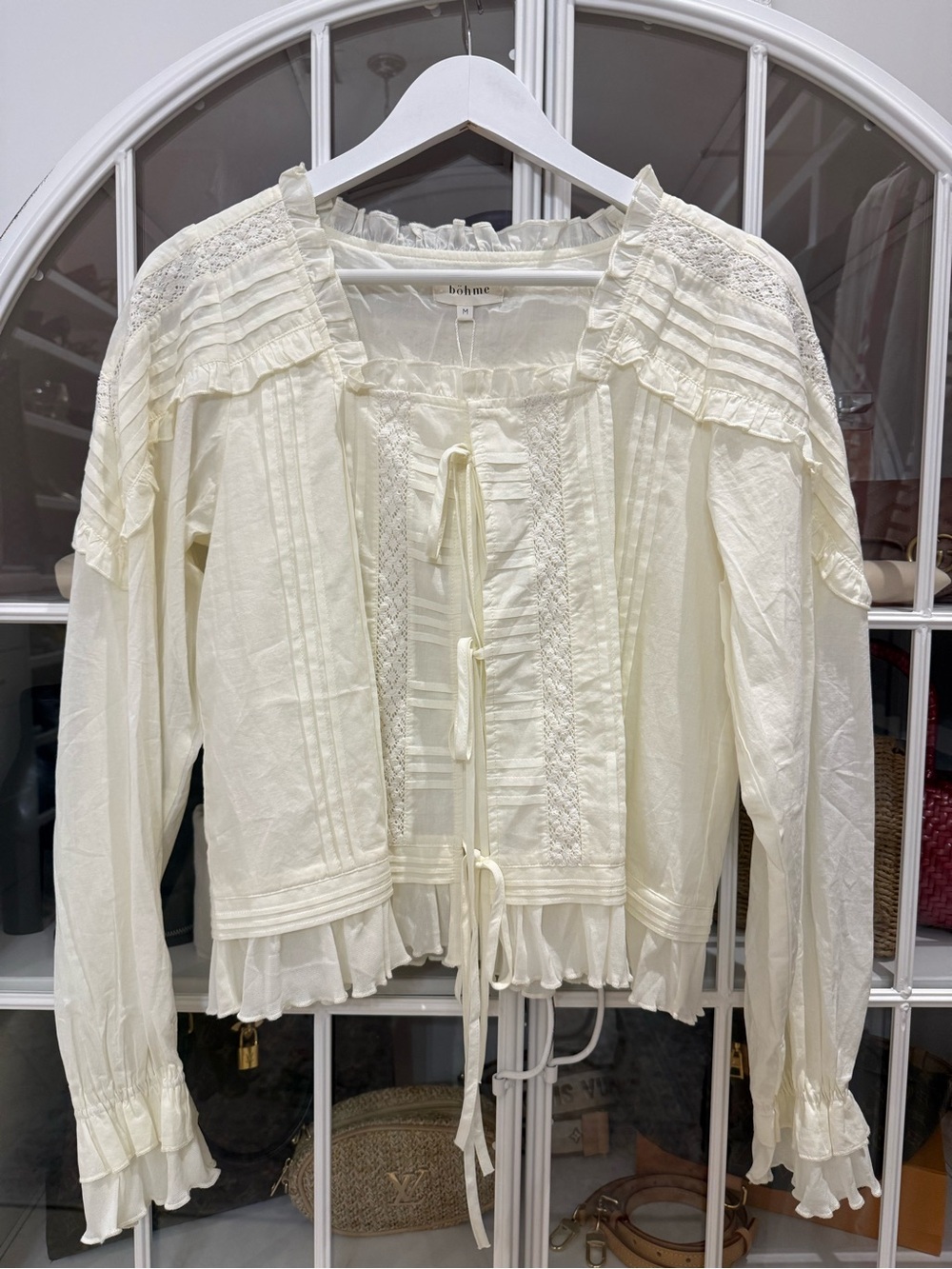 Boheme Cream Ruffle Tie-Front Peasant Blouse